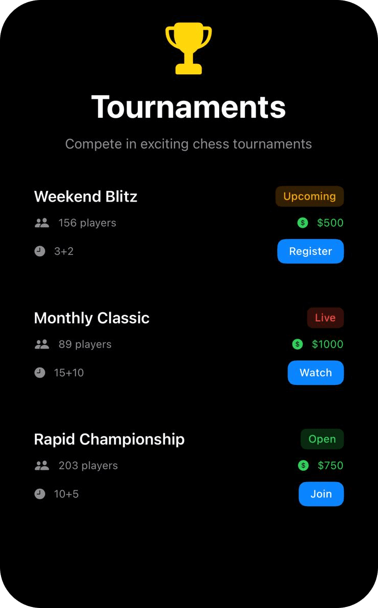 Tournaments screenshot from the app